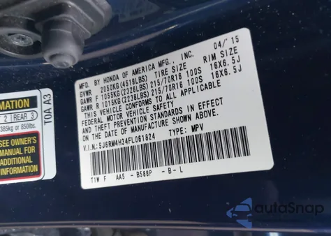 2015 Honda Cr-V Lx z USA, uszkodzony, nr VIN 5J6RM4H34FL061824